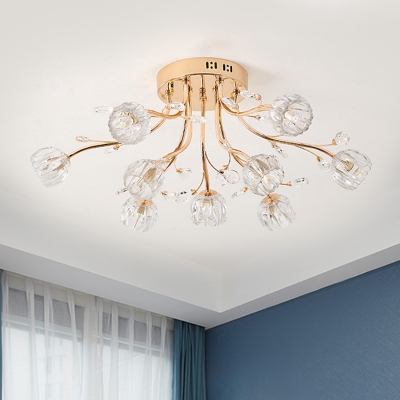 Gold Ball Semi Flush Mount Light Contemporary 9 Lights Clear Crystal Ceiling Lighting for Bedroom