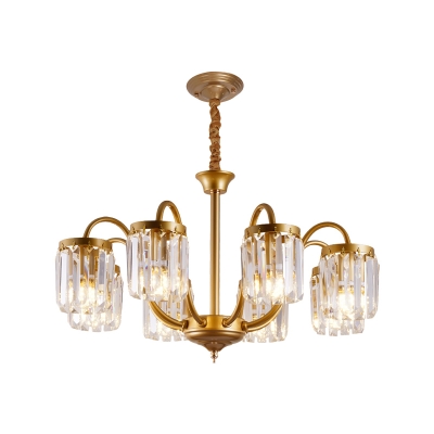 Gold Cylinder Down Lighting Contemporary Clear Crystal 6/8-Light Pendant Chandelier with Curvy Arm