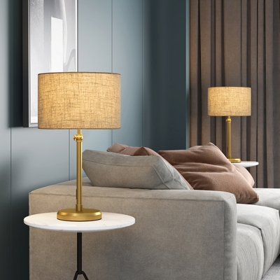 Metallic Barrel Desk Light Colonial LED Living Room Night Table Lamp in Gold with Fabric Shade
