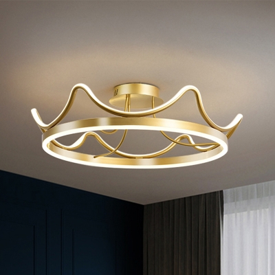 Modern Crown LED Semi Mount Lighting Metal Sleeping Room Close to Ceiling Lamp in Pink/Gold