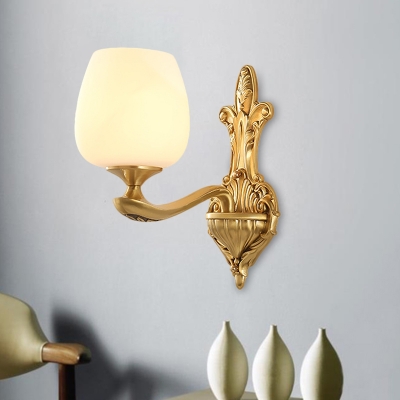 Opal Glass Brass Wall Light Tapered 1/2 Lights Traditional Wall Mounted Lighting for Bedroom