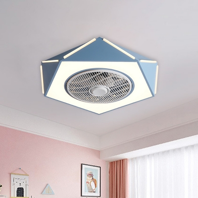 Pentagon Flush Mount Fan Lamp Macaron Metal LED Bedroom Semi Flush Light Fixture in White/Black/Pink, 21.5
