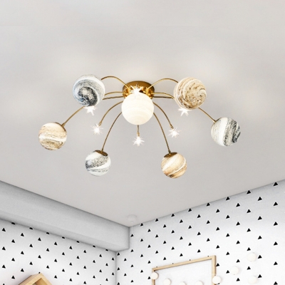 Planet Frosted Glass Semi Flush Nordic LED Gold Ceiling Mounted Light for Kids Room