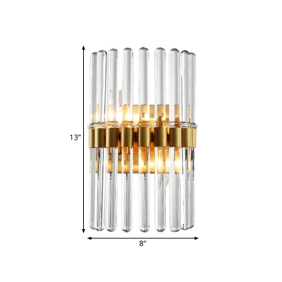 Semi-Cylinder Clear Fluted Glass Wall Lamp Modern Style 2 Lights Gold Sconce Light Fixture for Bedside