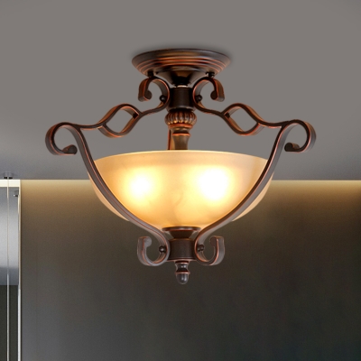 Traditional Bowl Semi Flush Light Fixture 3-Light Frosted Glass Ceiling Lamp with Wire Guard in Bronze