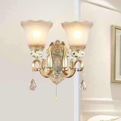 Traditional Flower Shade Wall Light Sconce 1/2 Head Tan Glass Wall Mounted Lamp in Gold