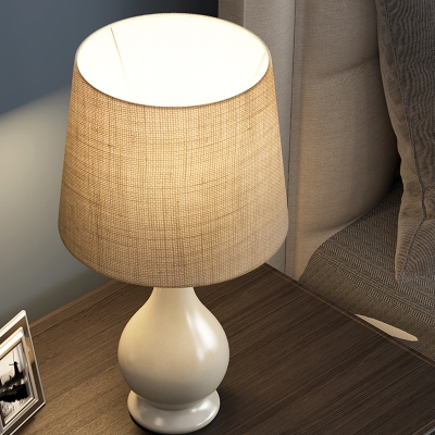 White LED Table Lamp Colonial Fabric Barrel Reading Book Light with Ceramic Base for Bedroom