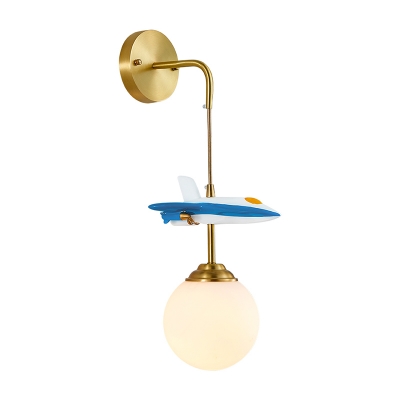 1 Bulb Brass Sphere Wall Lamp Kids Style Opal Glass Wall Mounted Light Fixture with Airplane Deco