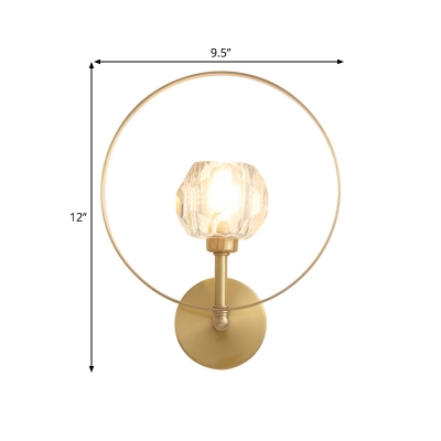 1-Light Wall Lighting Fixture Postmodern Living Room Sconce with Bowl Crystal Shade and Hoop in Gold