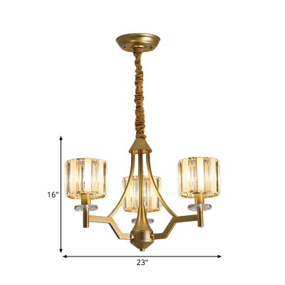 3/6 Heads Cylinder Hanging Chandelier Light Contemporary Crystal Block Ceiling Suspension Lamp in Gold