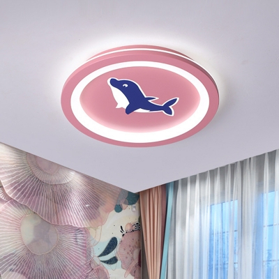 Acrylic Rounded Flush Mount Kids LED Pink Ceiling Mounted Fixture with Dolphin Pattern for Girls Room, Warm/White Light