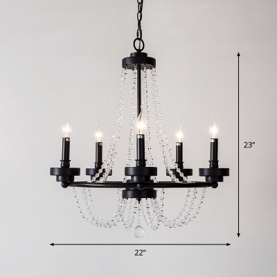 Black 5 Bulbs Chandelier Traditional Metal Candelabra Hanging Pendant with Cascading Glass Crystal Accents