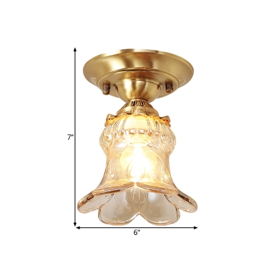 Blossom Amber Glass Flush Mount Fixture Rural Style 1-Head Foyer Close to Ceiling Lamp in Brass