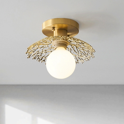 Brass 1 Light Semi-Flush Mount Rural Style Opal Glass Ball Ceiling Flush with Dome-Shape Net Deco