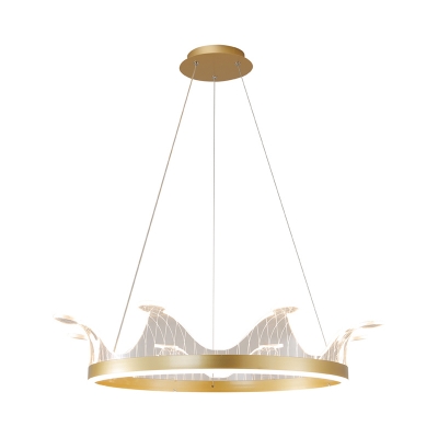Cartoon Crown Chandelier Pendant Light Metallic LED Bedroom Hanging Lamp Kit in Pink/Gold, Warm/White Light