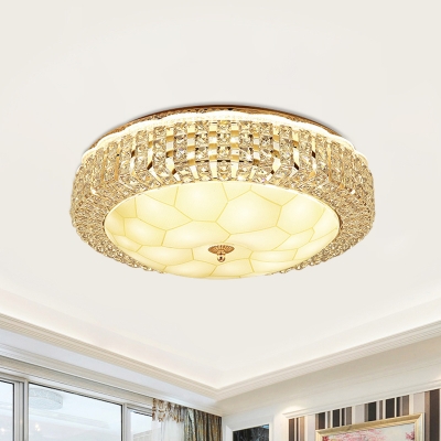 Clear Crystal-Encrusted LED Flush Light Simplicity White Bowl/Round Shade Bedroom Ceiling Mount Lamp