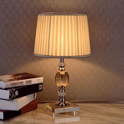 Clear Crystal Font Nightstand Lamp Traditional 1-Bulb Study Room Desk Light with Drum Pleated Fabric Shade in Beige