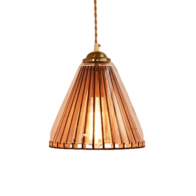 Cone/Barrel Restaurant Ceiling Lamp Traditional Amber Glass Single Bulb Brass Hanging Pendant Light