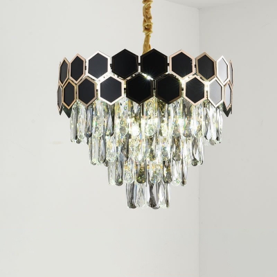Conical Dining Room Suspension Lamp Modernist Crystal 9-Bulb Black Pendant Chandelier