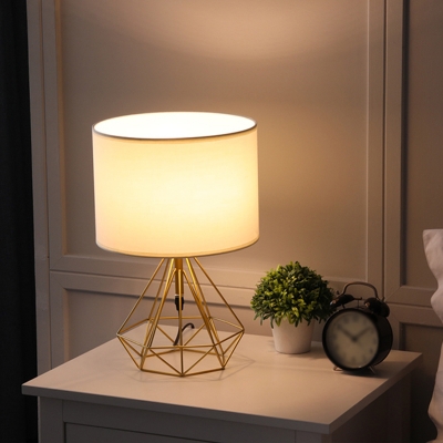 Drum Night Table Lamp Minimalism Fabric 1 Light Study Room Task Lighting with Diamond Frame Base in Black/Gold