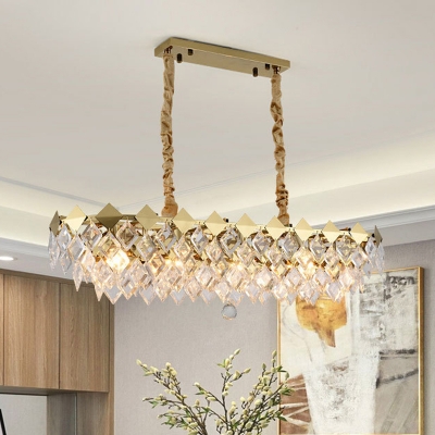Elongated Crystal Squares Island Lamp Modern Stylish 10 Lights Restaurant Pendant Lighting Fixture in Gold