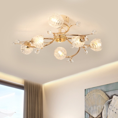 Faceted Crystal Floral Ceiling Fixture Modernism 6 Lights Gold Finish Semi-Flush Mount with Spiral Design