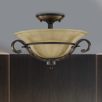Flared Beige Glass Semi Mount Lighting Antiqued 3 Bulbs Dining Room Close to Ceiling Lamp in Bronze