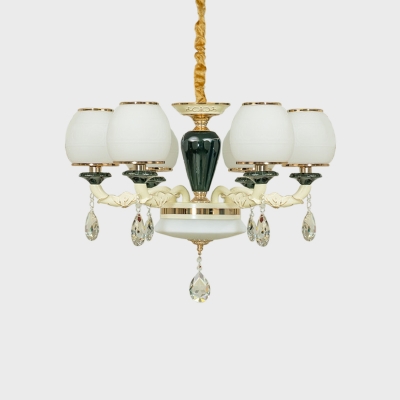 Globe Chandelier Lighting Modern Frosted Glass Shade 6 Lights White Suspension Lamp with Crystal Drops