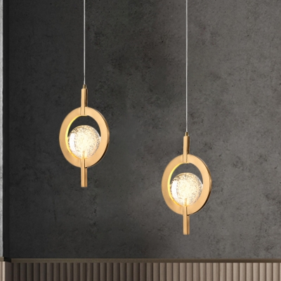 Gold Circle Drop Pendant Modernist Seeded Crystal Dining Table LED Hanging Light Fixture