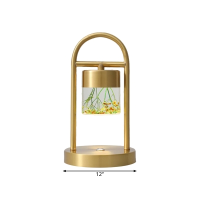 Gold Finish Oblong Frame Table Light Postmodern LED Metallic Nightstand Lamp with Plant Decor