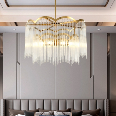 Layered Crystal Rods Hanging Light Postmodern 8 Bulbs Bedroom Pendant Chandelier in Gold
