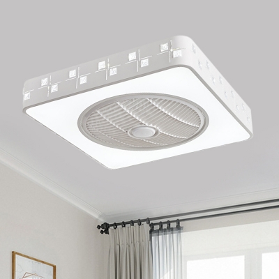 LED Box Flush Mount Ceiling Fan Modern White Iron Semi Flush Light with Inserted Crystal, 21.5