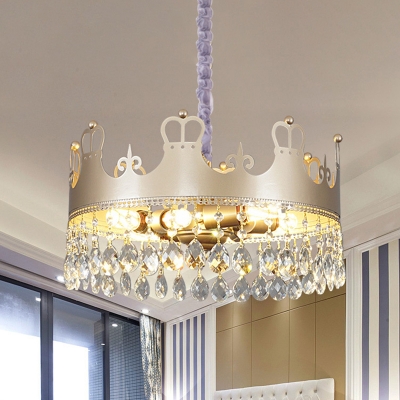 Metal Gold Pendant Light Crown Shaped 6 Bulbs Modernist Chandelier with Crystal Fringe