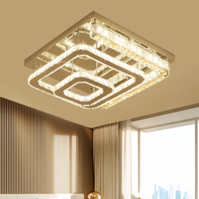 Modern LED Semi Mount Lighting with Clear Crystal Glass Shade Stainless-Steel Square Close to Ceiling Light