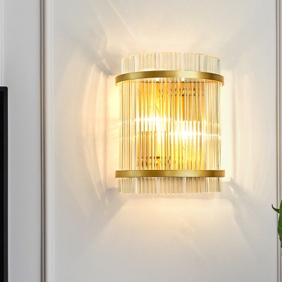 Postmodern Cylindrical Flush Mount 2-Bulb Clear Ribbed Crystal Wall Light Sconce in Gold