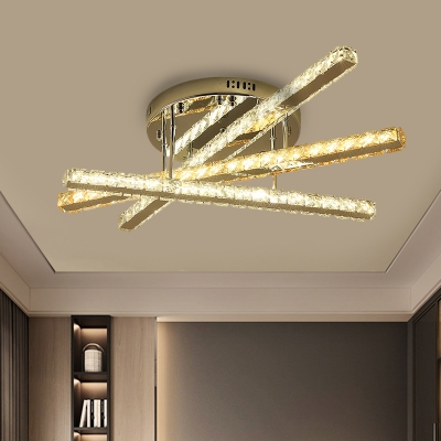 Tube-Shape Bedroom Semi Flush Mount Light Crystal Block Modern LED Ceiling Light Fixture in Stainless-Steel