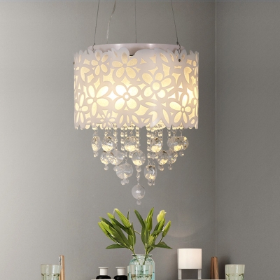 White 4-Head Hanging Light Fixture Modernist Acrylic Cutouts Flower Pendant Chandelier with Crystal Drapes