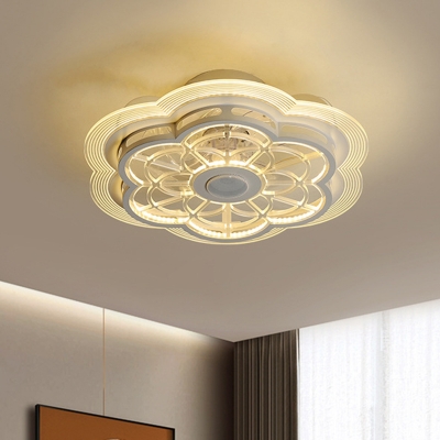 White Flower Pendant Fan Lamp Modernism LED Metal Semi Flush Ceiling Light, 19.5