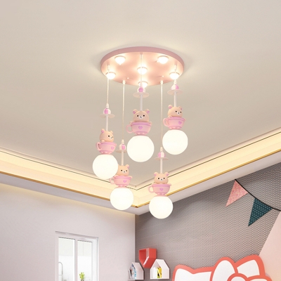 White Glass Bulb Hanging Light Cartoon 5 Heads Pendant Lighting in Pink for Kids Room, Warm/White Light