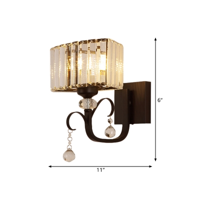 1/2-Head Cuboid Wall Mount Lamp Contemporary Clear Crystal Sconce Light Fixture in Black with Droplet