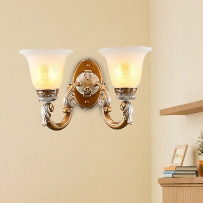 1/2-Head Wall Mounted Lamp Antiqued Bedroom Sconce Light with Bell Frosted Glass Shade in Brown