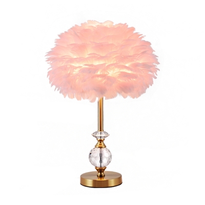 1-Bulb Children Room Task Lamp Simplicity Pink Nightstand Light with Domed Feather Shade