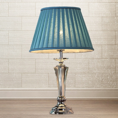 1-Head Night Table Light Classic Bedroom Nightstand Lamp with Conic/Scalloped Fabric Shade in White/Blue