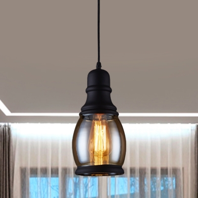 1 Light Jar-Shape Pendant Light Kit Industrial Black Finish Clear Glass Hanging Lamp