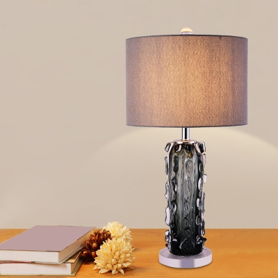 1-Light Table Lighting Modern Cylindrical Textured Green Crystal Night Stand Lamp with Fabric Lampshade