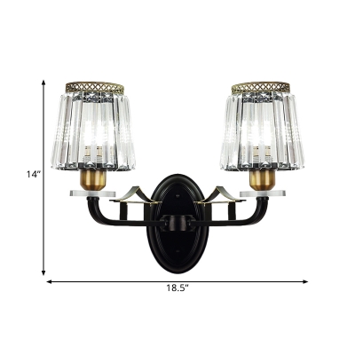 2-Bulb Wall Light Sconce Retro Living Room Wall Lamp with Cone Crystal Prism Shade in Black
