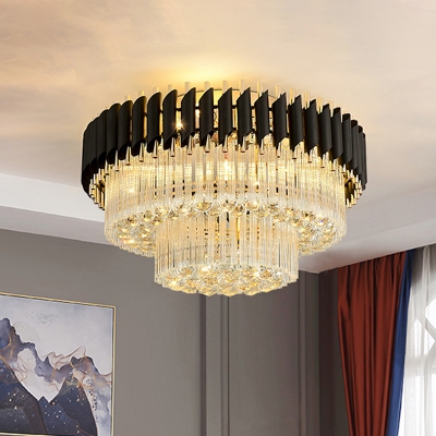 3-Layer Round Flush Mount Contemporary Clear Crystal Block 4 Heads Ceiling Mounted Light in Black