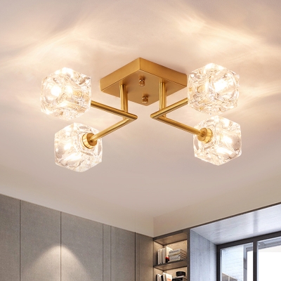 4/6 Bulbs Bedroom Semi Flush Light Modern Gold Ceiling Mounted Fixture with Cubic Crystal Shade