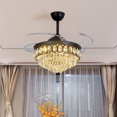 4-Blade Layered Tapered Crystal Fan Lamp Retro Living Room LED Semi Flush Mount Ceiling Light in Black, 19.5