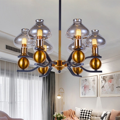 6/8 Heads Living Room Hanging Chandelier Post Modern Black-Gold Pendulum Light with Jar-Shape Smoke Gray Glass Shade